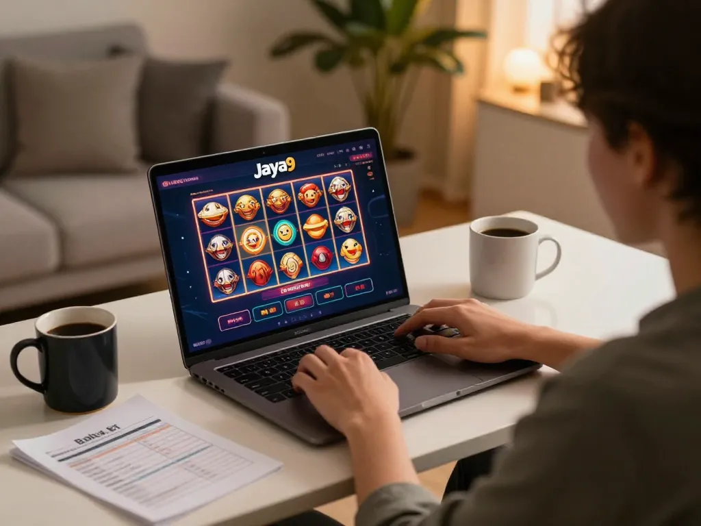 Player enjoys online gameplay on the Jaya9 platform, reflecting a cozy gaming setup.