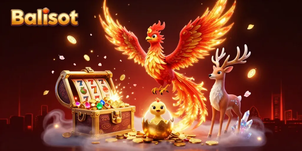Engage with Balislot's vibrant 3D illustration showcasing phoenixes, slot reels, and underwater treasures.