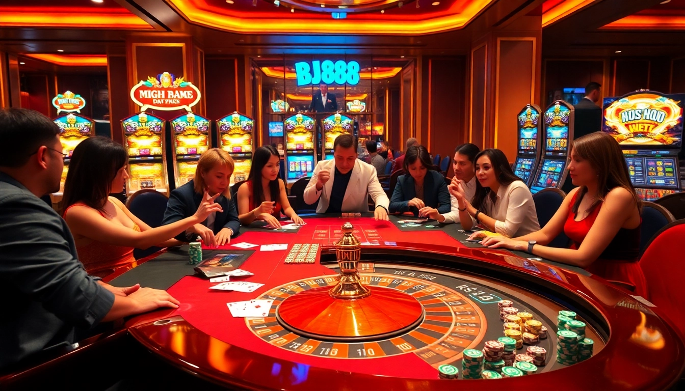 Players enjoying a lively game at Nhà Cái BJ888's luxurious casino table with vibrant poker chips and cards.