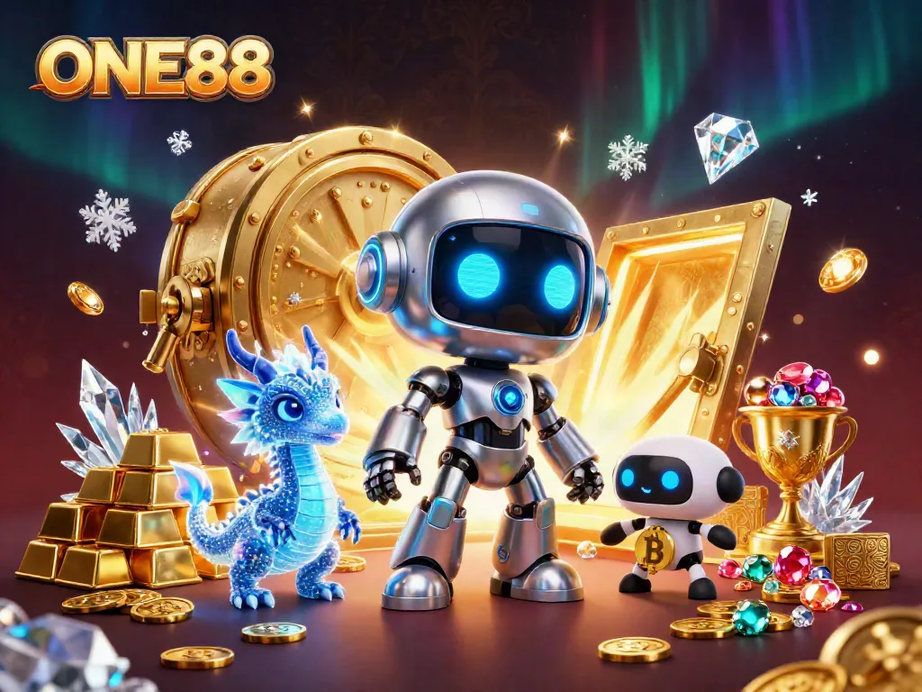 Engage with ONE88's dynamic scene featuring a cyberpunk robot mascot and gaming treasures.