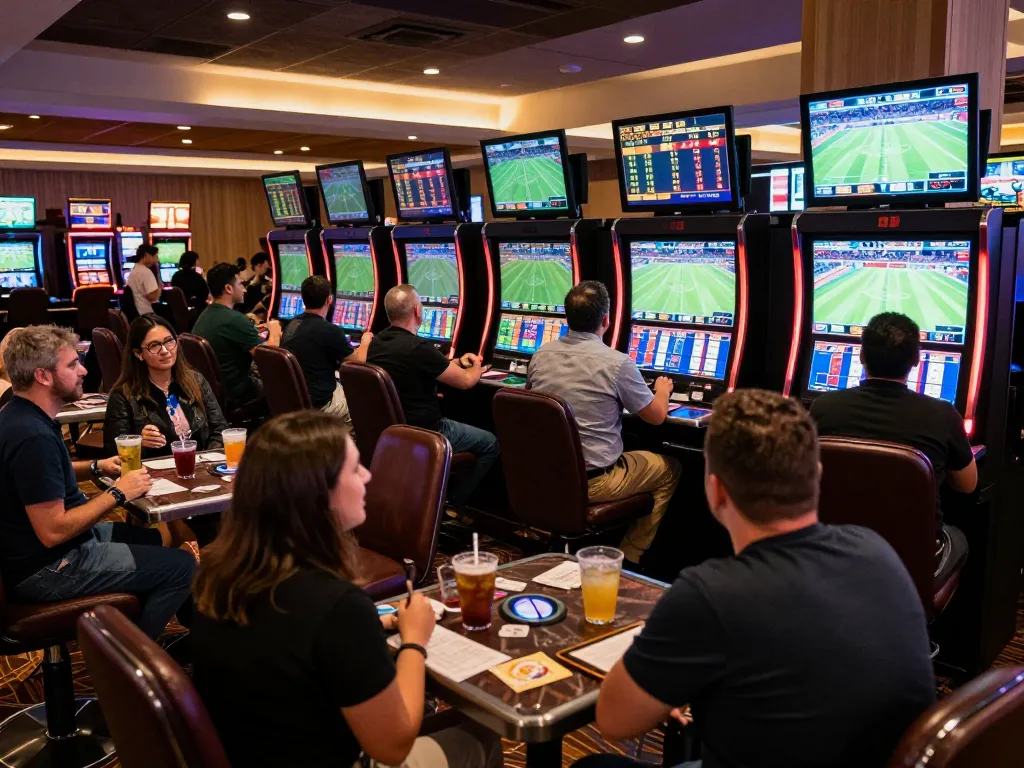 Engaging mm88 sports betting scene with patrons actively placing bets and enjoying live match displays