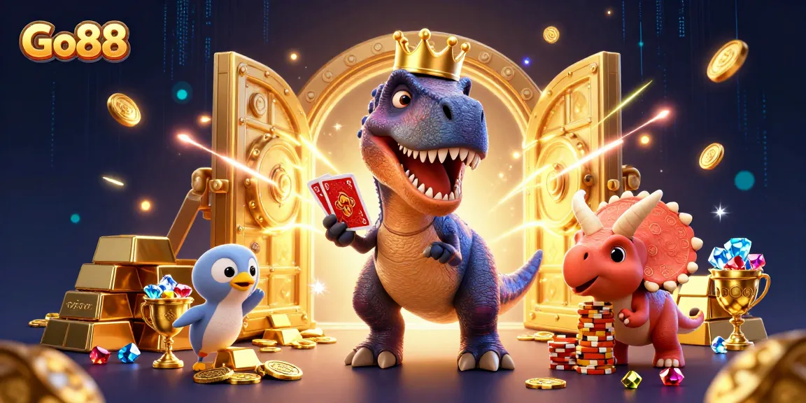 Go88's vibrant gaming adventure features a T-Rex shuffling cards while treasures burst around.