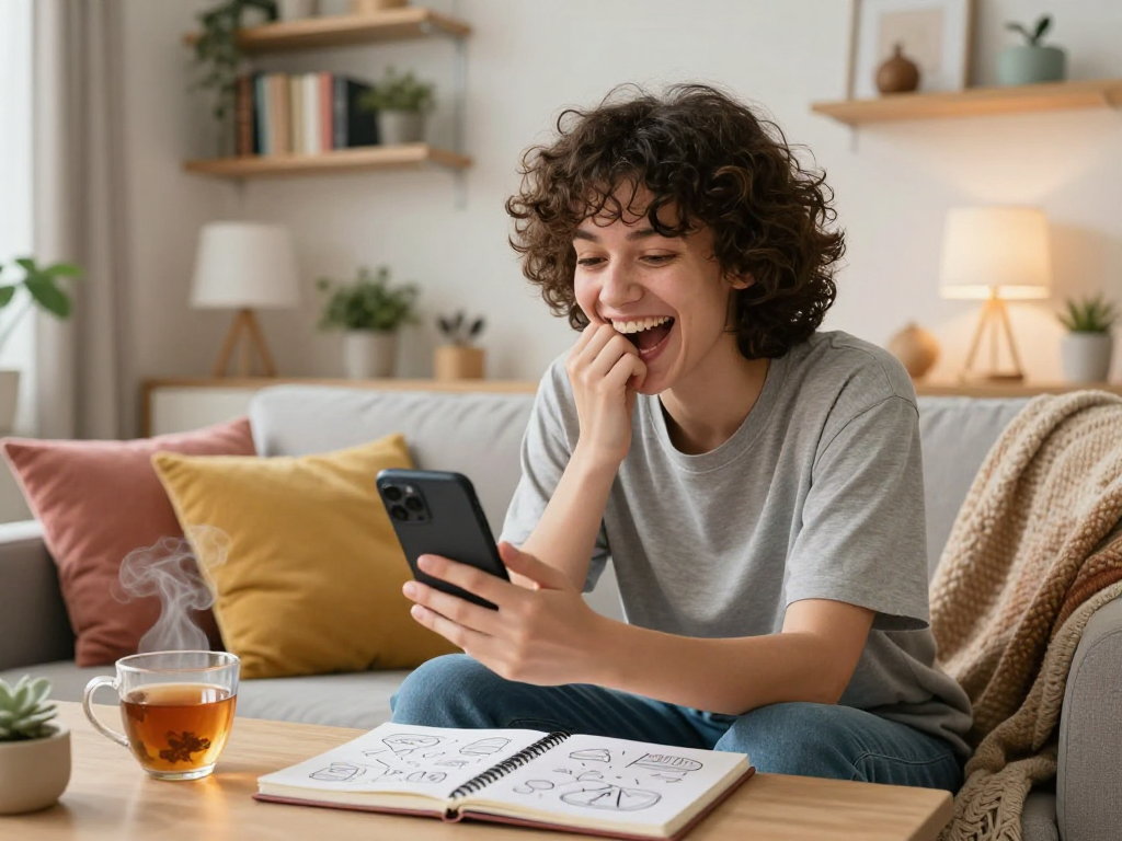 An individual engaging in a humorous porn AI chat on a mobile device, highlighting intimate AI interactions.