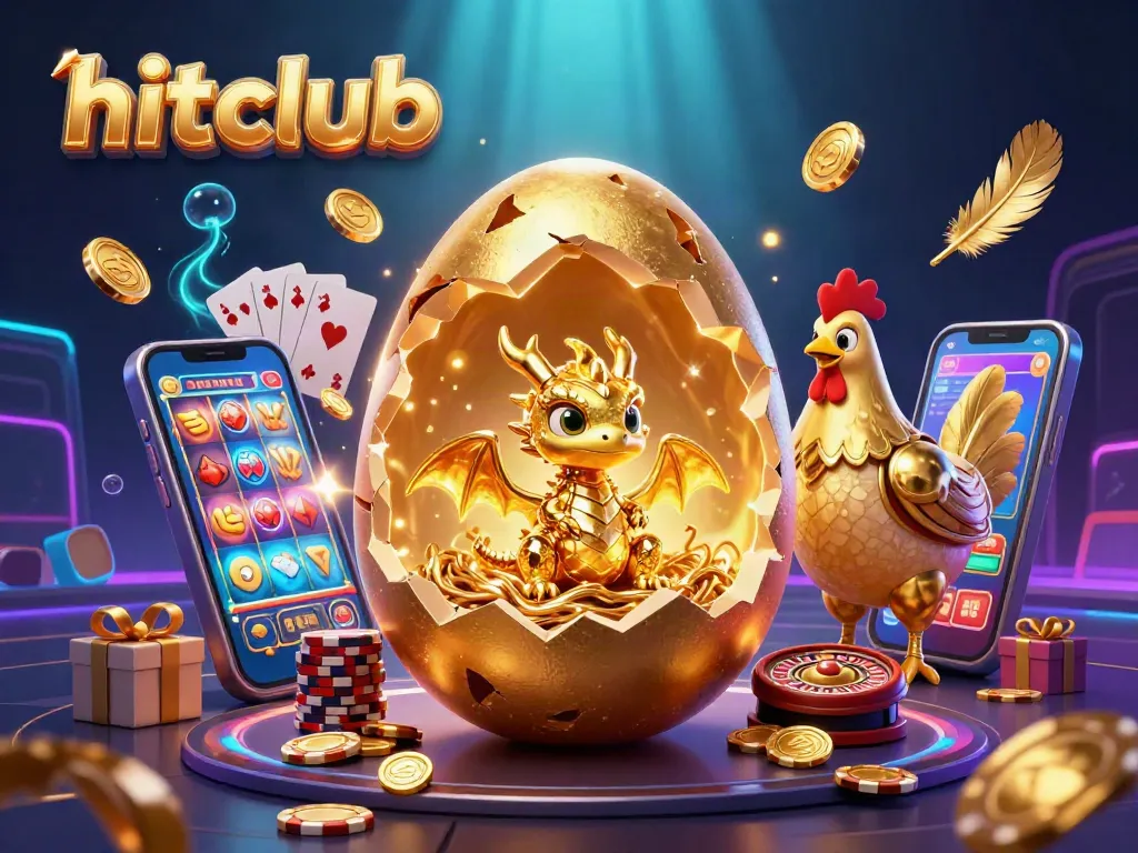 hitclub showcases a dazzling golden dragon in a vibrant casino scene filled with slot games and poker chips
