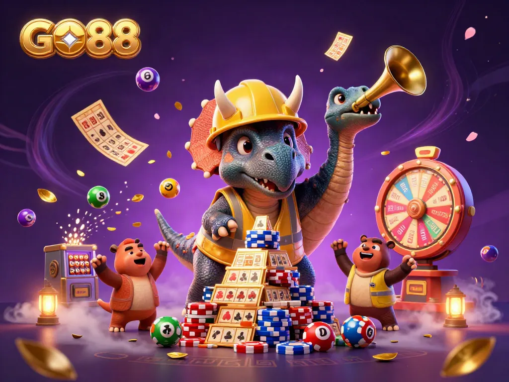 Experience the excitement of GO88 with a lively 3D illustration of a triceratops celebrating casino wins.