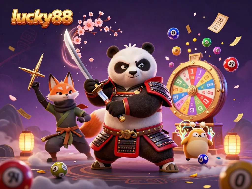 Engaging lucky88 scene with a samurai panda and ninja fox among lottery elements, creating excitement.