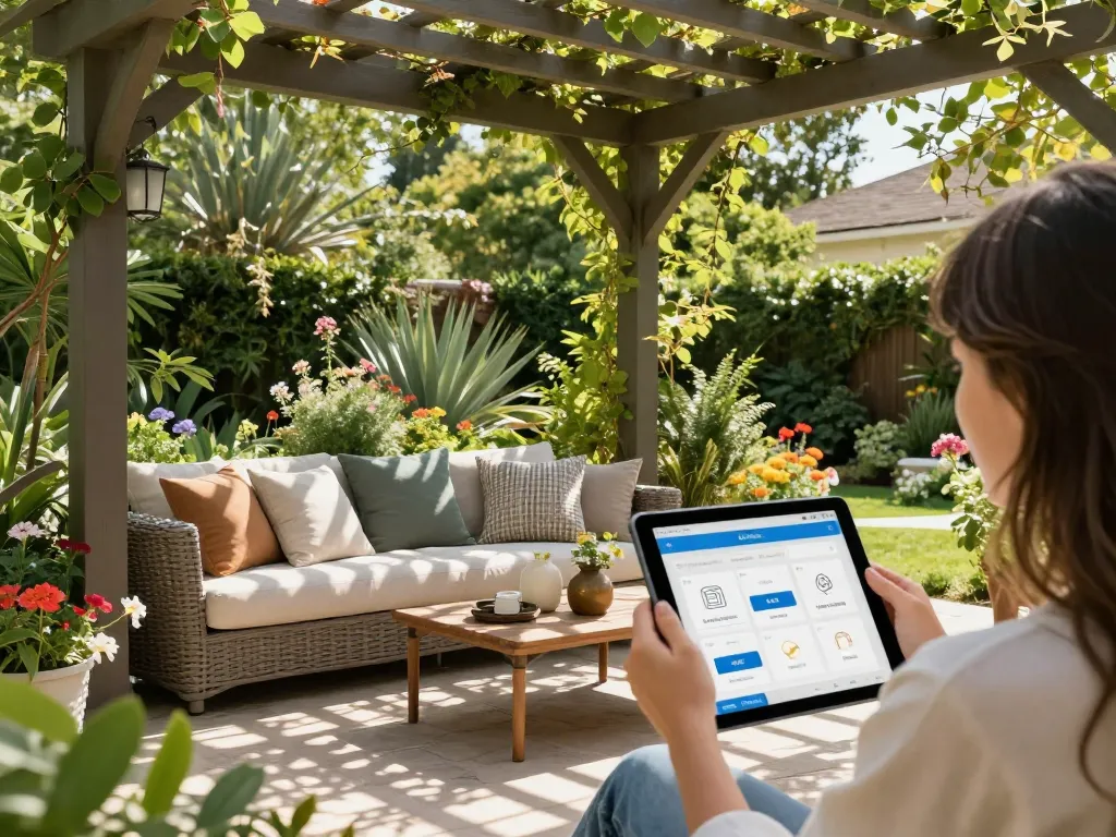 Interactive pergola configurator in use, showcasing vibrant garden surroundings and personalized outdoor design options.