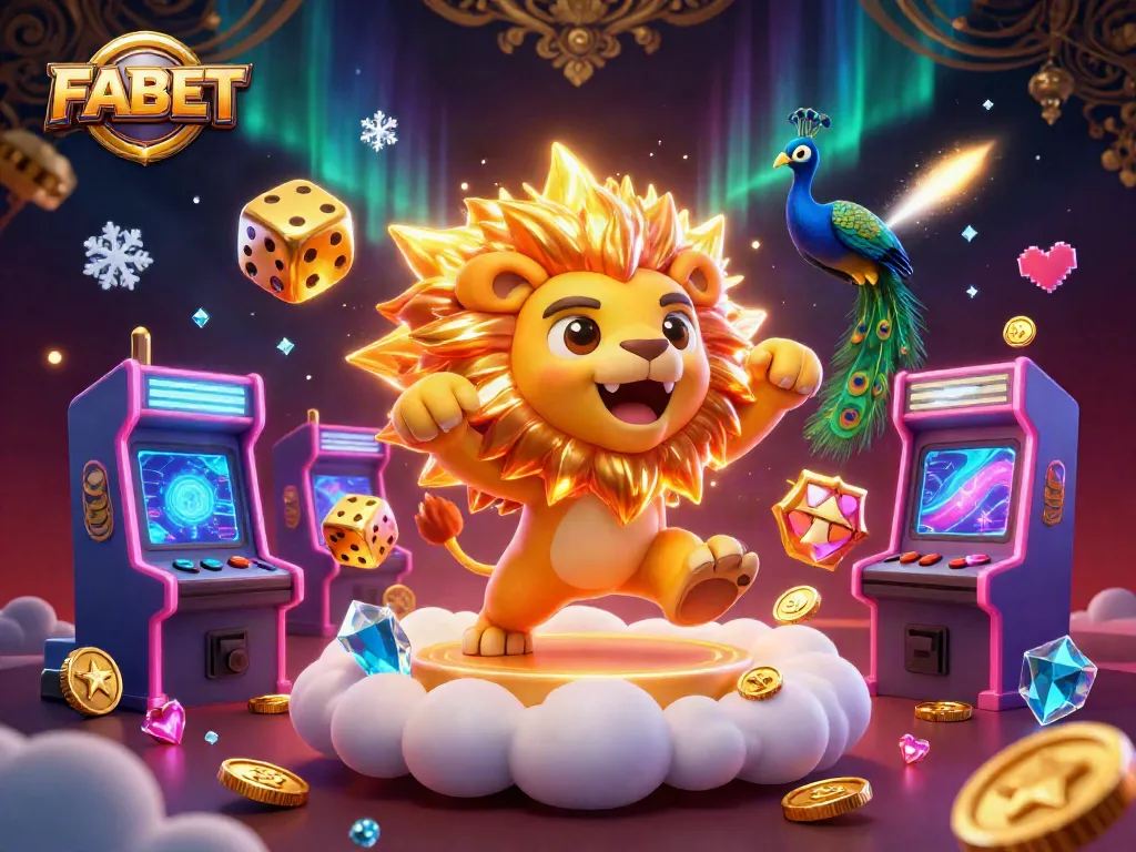 FABET brings excitement as a roaring sun lion surrounded by dazzling games and golden dice.