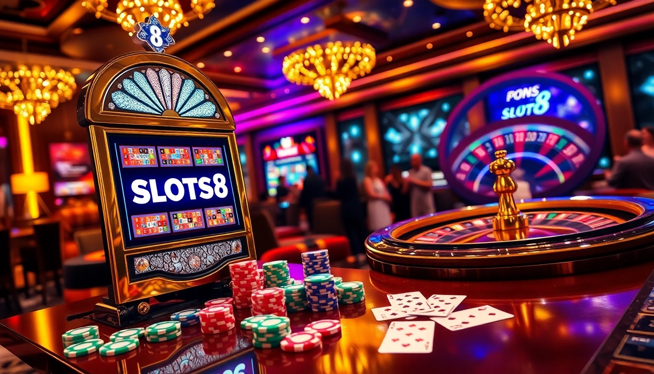 Engaging players enjoying the SLOTS8 slot machine in a vibrant casino setting with poker chips and cards.