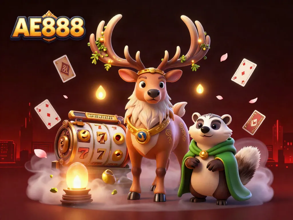 Engage with AE888 through exciting gaming adventures featuring a Celtic stag and badger amidst rich casino icons.
