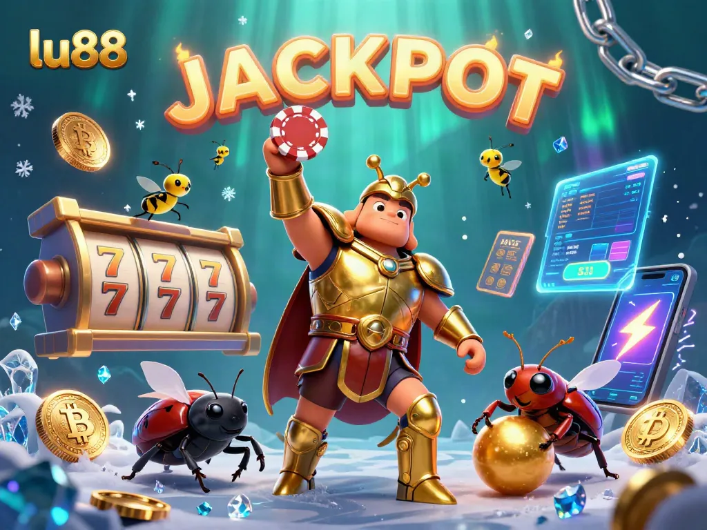 lu88 players hitting the jackpot in a vibrant 3D casino scene with vibrant beetles and glowing elements