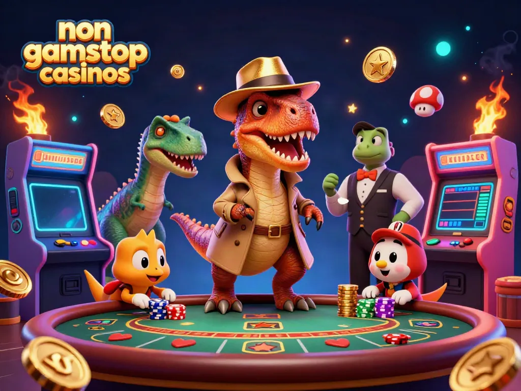 Vibrant scene of non gamstop casinos showcasing a velociraptor card counter at a blackjack table, with a stegosaurus pit boss and pickpocket.