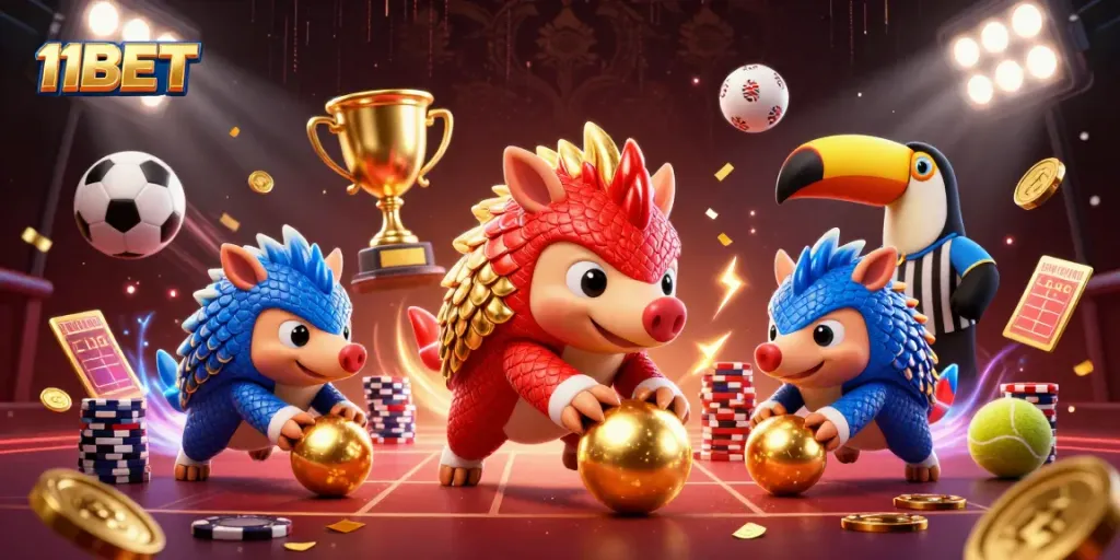 Engage with thrilling games at 11BET as two armored pangolins bowl golden balls into poker chips amidst vibrant casino action.