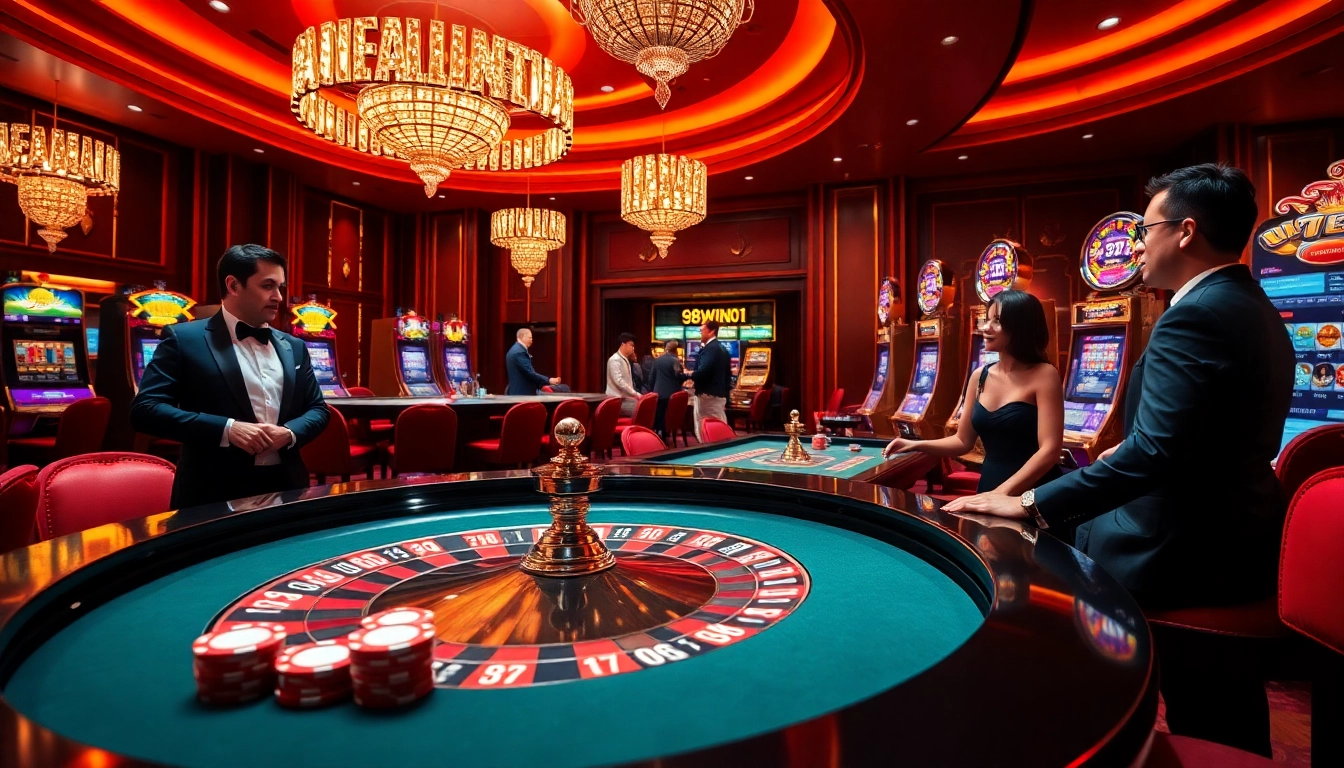 Players enjoying Roulette and slot machines at 98win01 casino with vibrant lights.