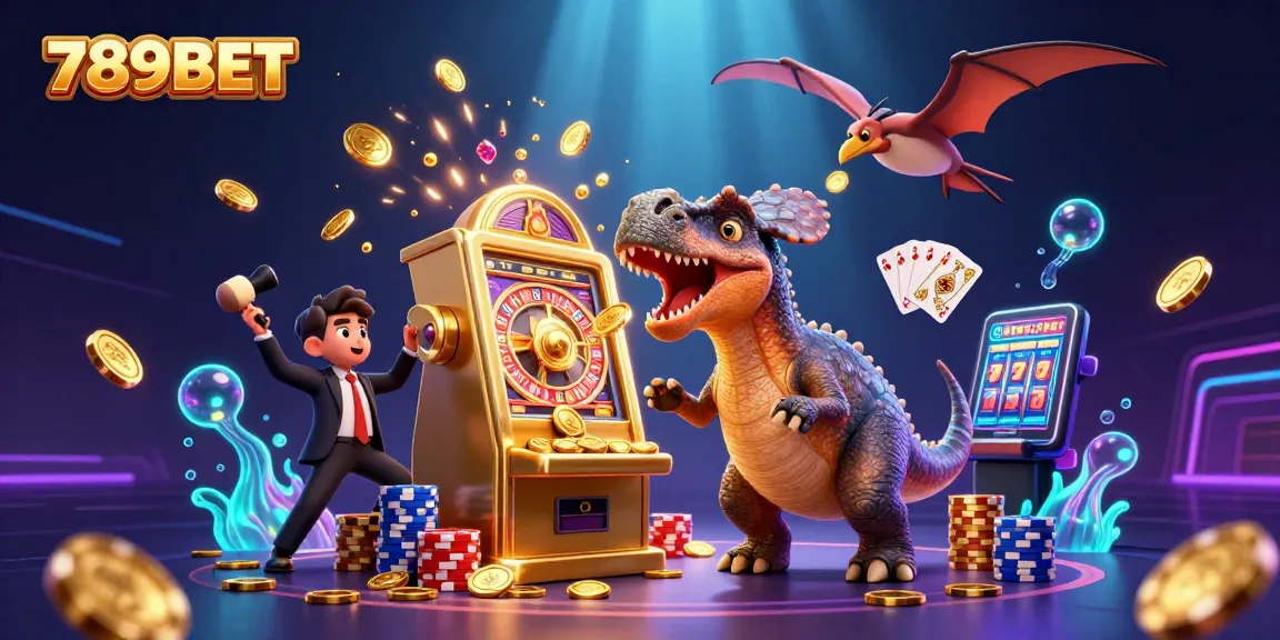 Experience thrilling wins with 789BET as a cartoon dinosaur interacts with casino games and flying coins.
