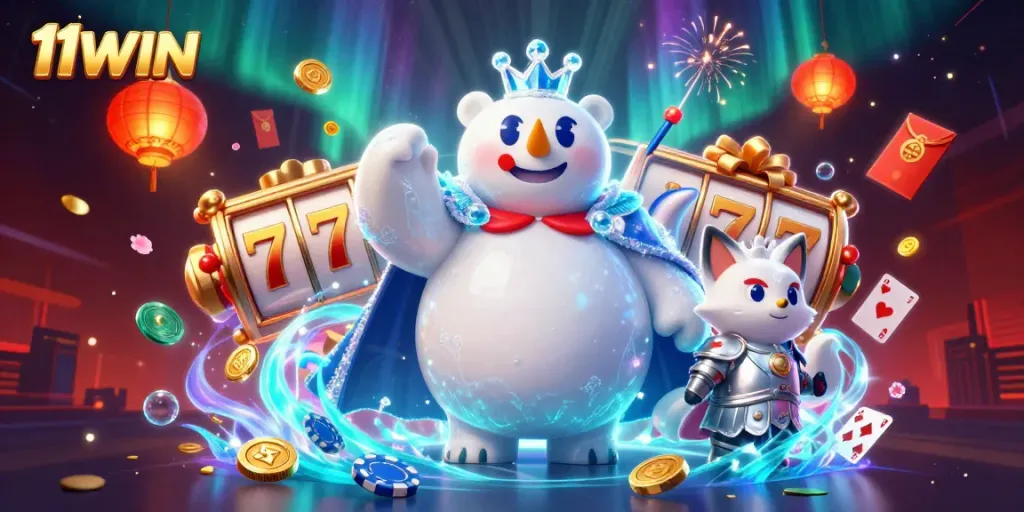 Join the excitement of 11WIN with the vibrant casino scene featuring animated characters and game elements.