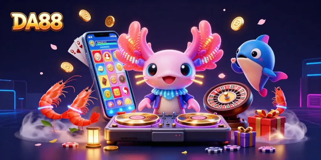 Experience exciting DA88 casino action with vibrant neon characters and engaging gaming elements.