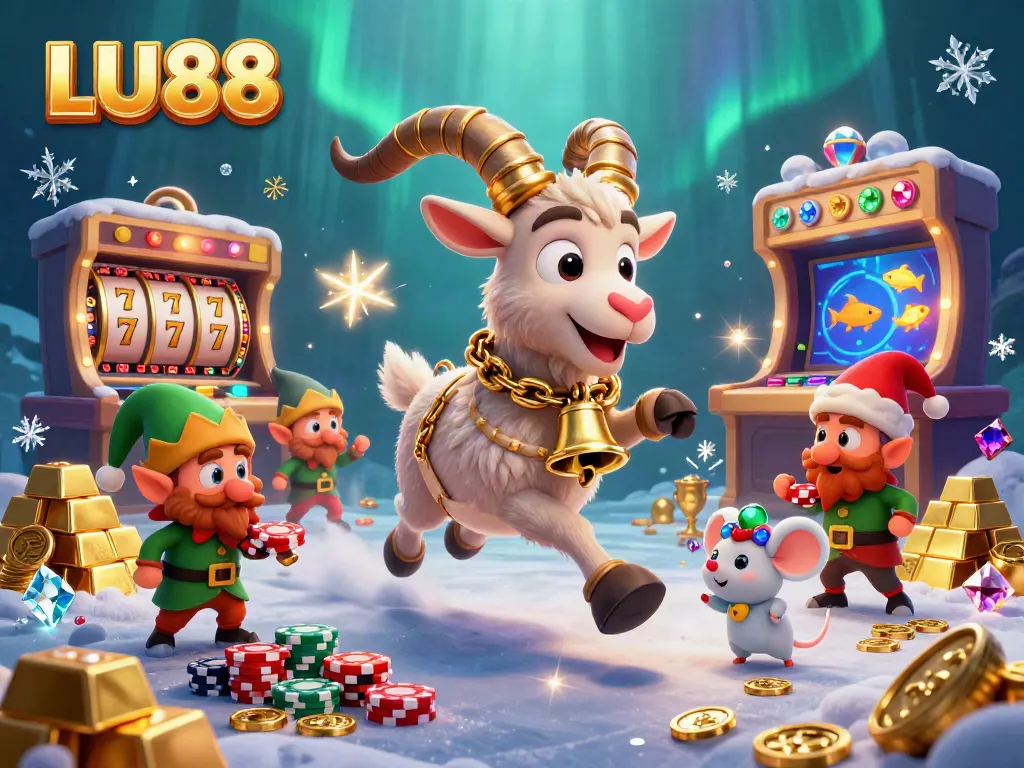 LU88 festive casino scene featuring gremlins, an angel mouse, and a Krampus goat amid colorful gambling action.