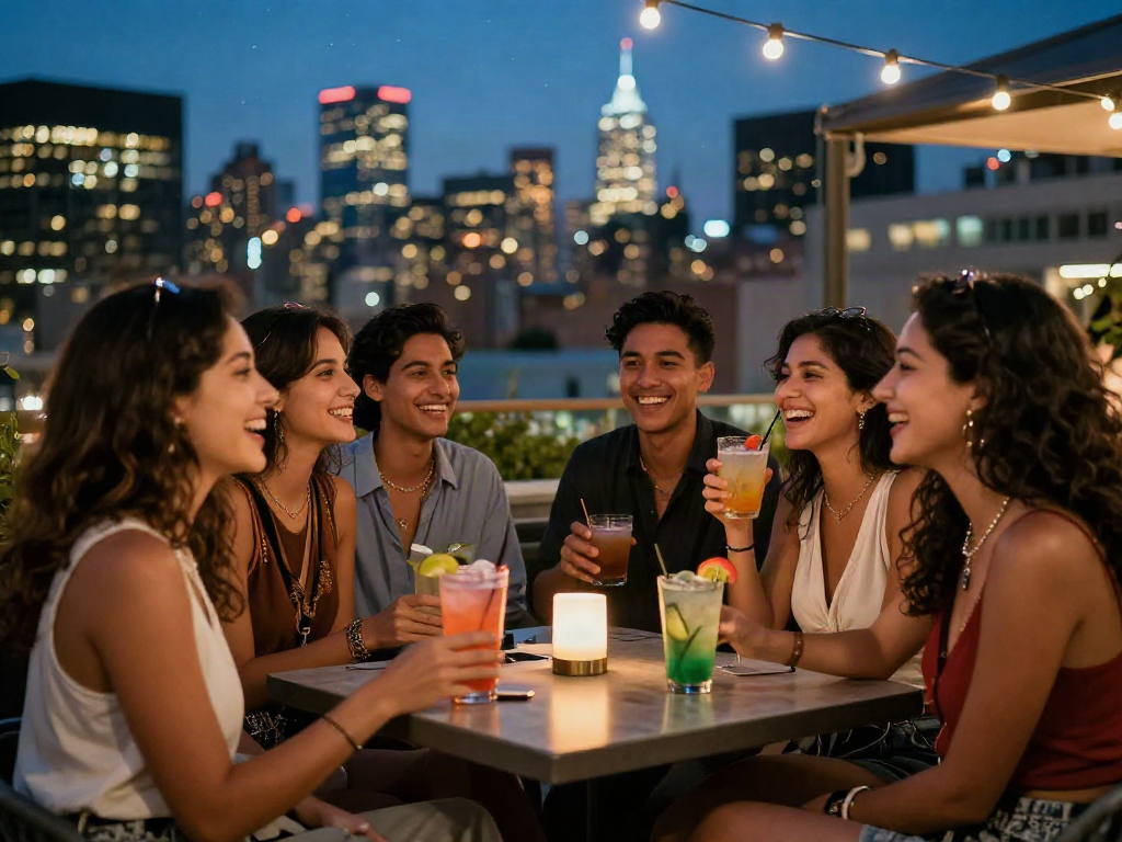 NSFW rooftop bar scene with friends enjoying drinks and city lights
