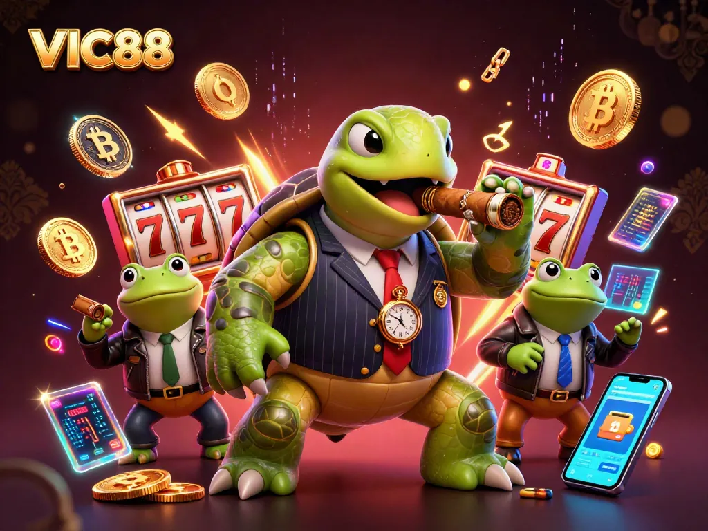 Experience the thrill of VIC88 gambling with a unique casino scene featuring a mobster turtle and dynamic game elements.