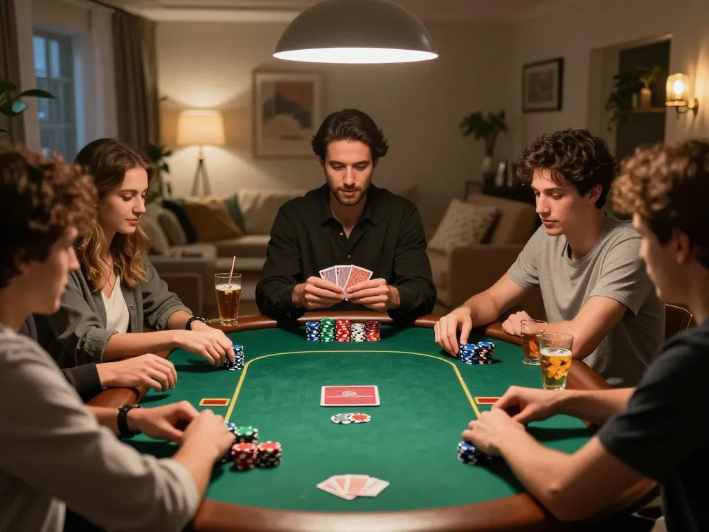KJC players enjoying a friendly poker game at home, with vibrant chips and cards visible.