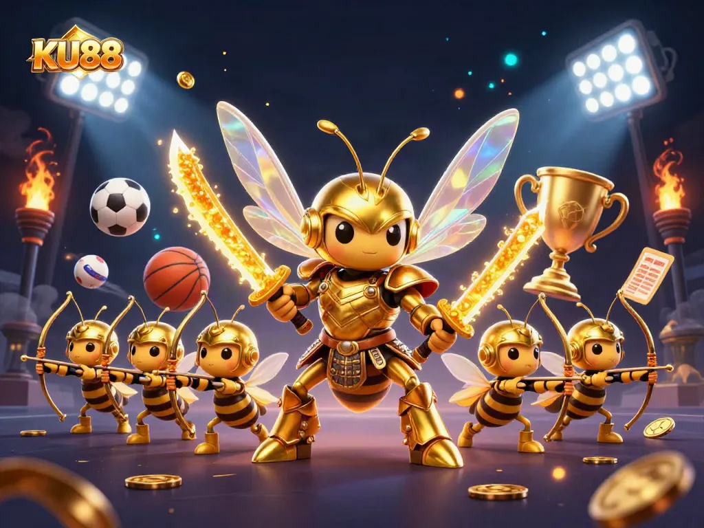Place bets and win big with KU88, showcasing a dynamic scene of gaming excitement and unique characters.