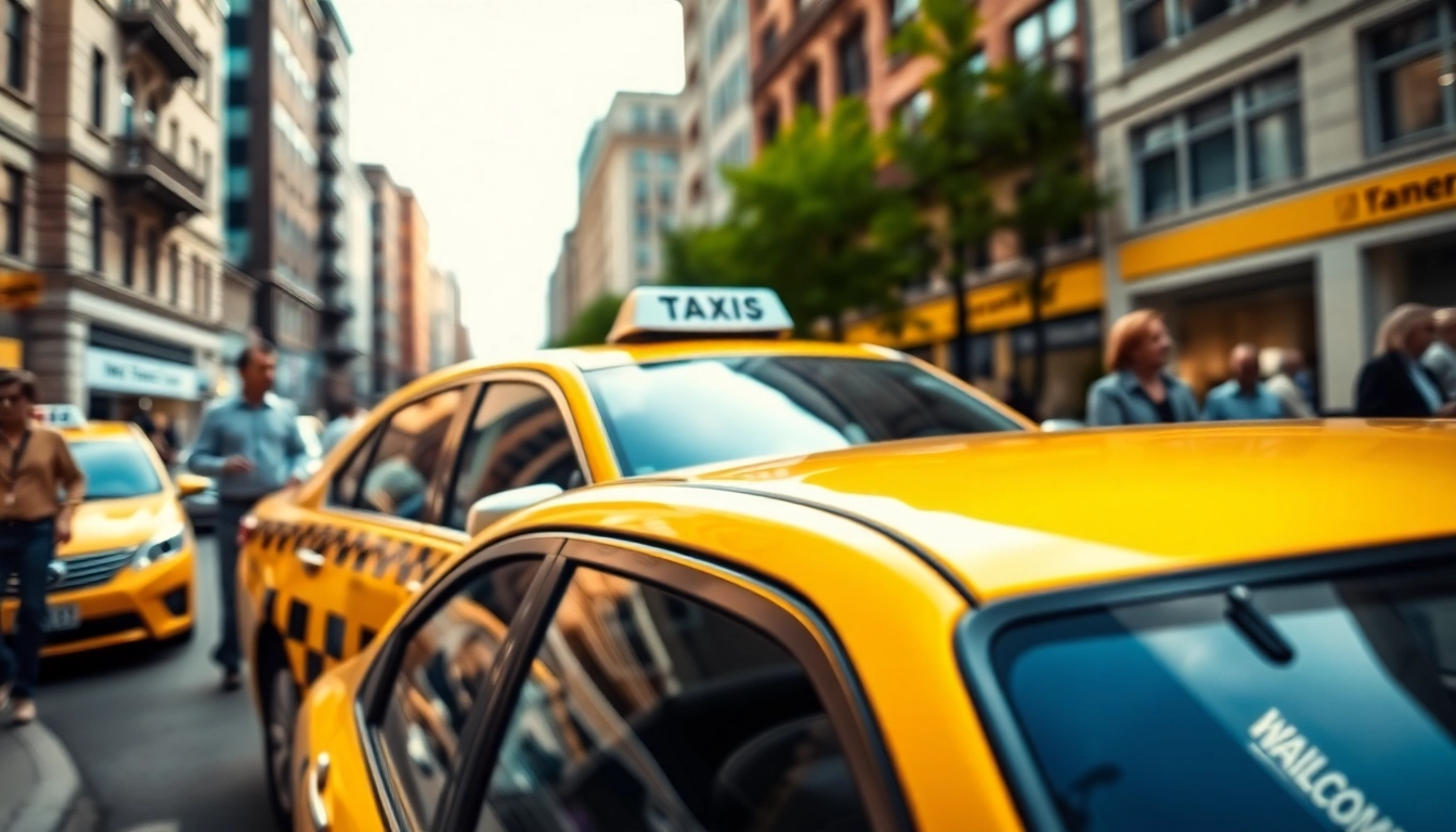 Taxi cab parked in a bustling urban environment highlighting city life.