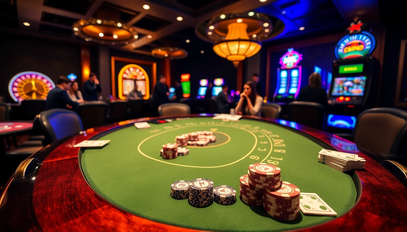 Engaged players at the LC 88 casino table, surrounded by vibrant gambling elements.