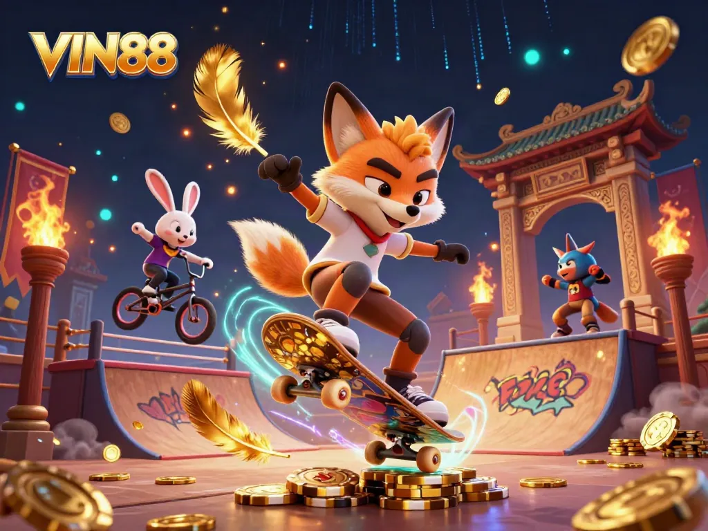 Experience thrilling action at VIN88 with a skateboarder fox and BMX rabbit amidst casino symbols and vibrant details.
