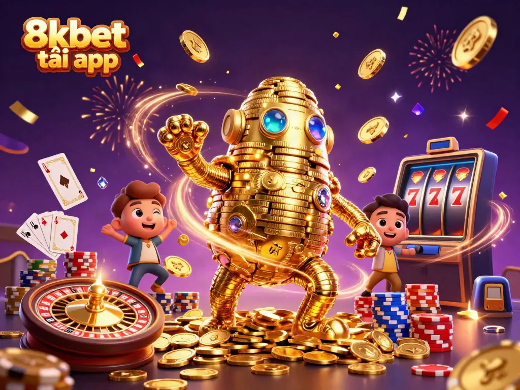 Play the 8xbet tải app with vibrant casino elements and a majestic golden golem.