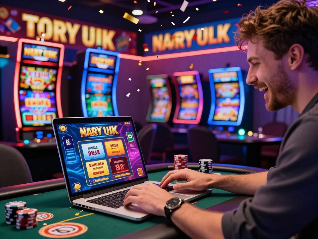 Enthusiastic player enjoying non UK casinos with gaming graphics and promotional banners.