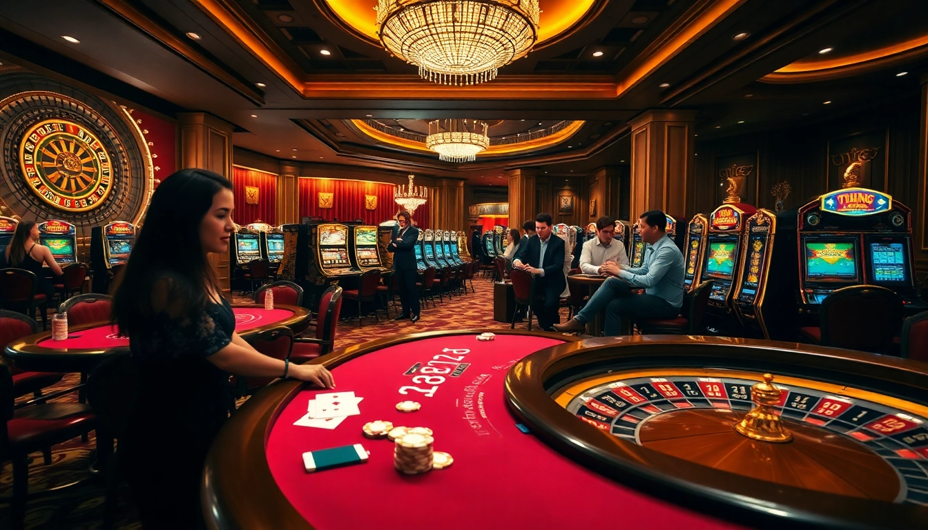 An engaging scene of players enjoying gaming at casino 88BET with poker tables, slot machines, and roulette wheels, showcasing excitement and luxury.