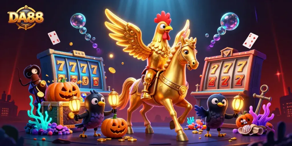 Engage with DA88 casino excitement as a golden rooster rides through a vibrant midnight scene filled with slots and treasures.