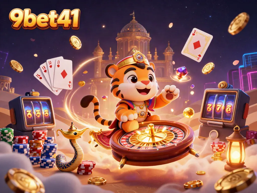 Experience thrilling gaming action with 9bet41's vibrant casino scene, featuring a genie and royal symbols.