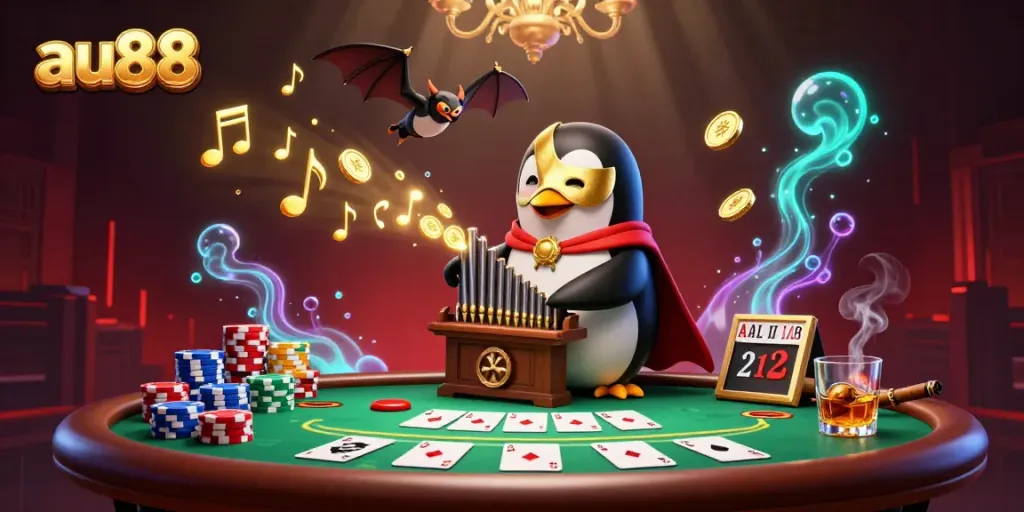 Experience the thrill with au88's vibrant casino scene featuring a playful penguin organist.