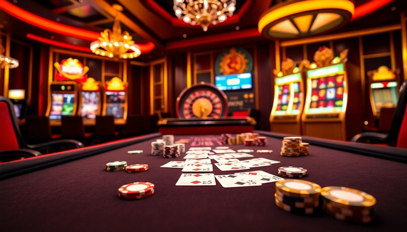 Kuwin casino scene featuring poker chips, vibrant slot machines, and a roulette wheel, symbolizing high-stakes gaming.