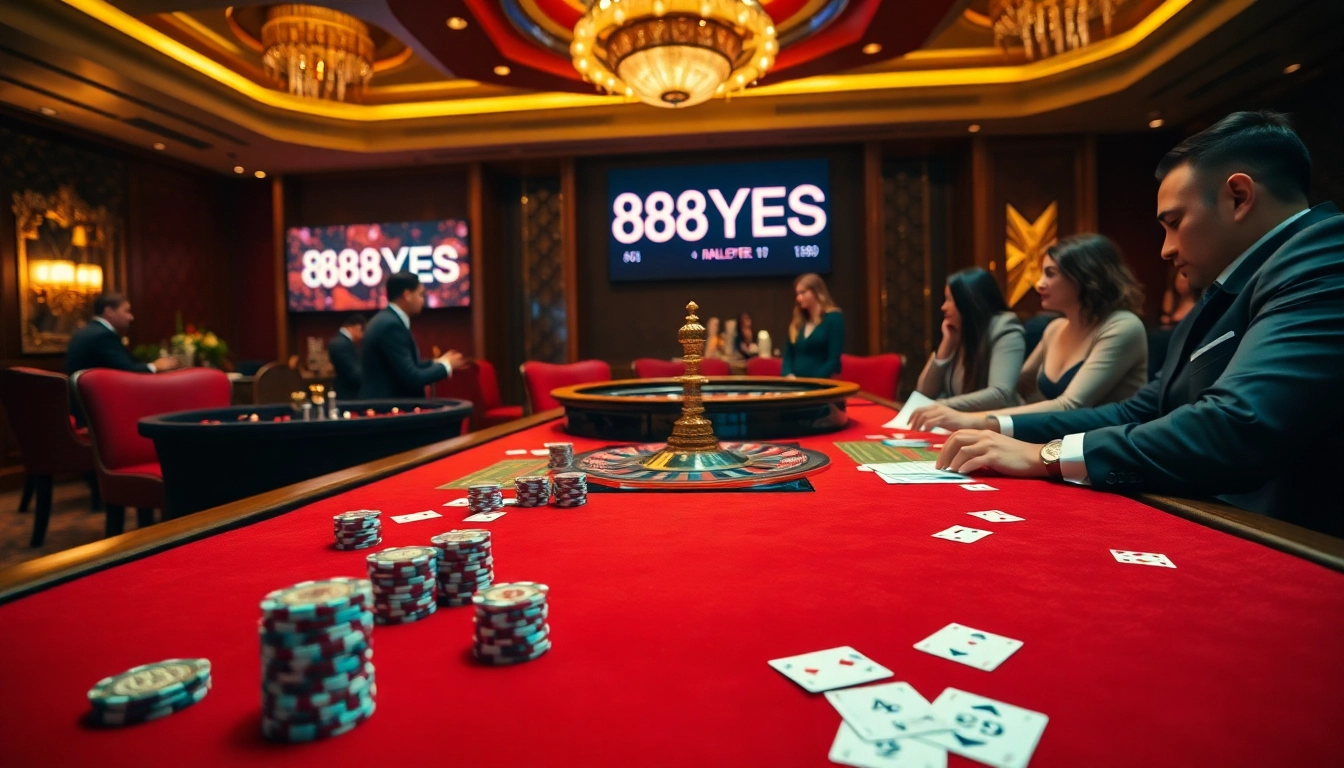 Excited players engage in high-stakes gambling featuring 888YES at an elegant casino table.
