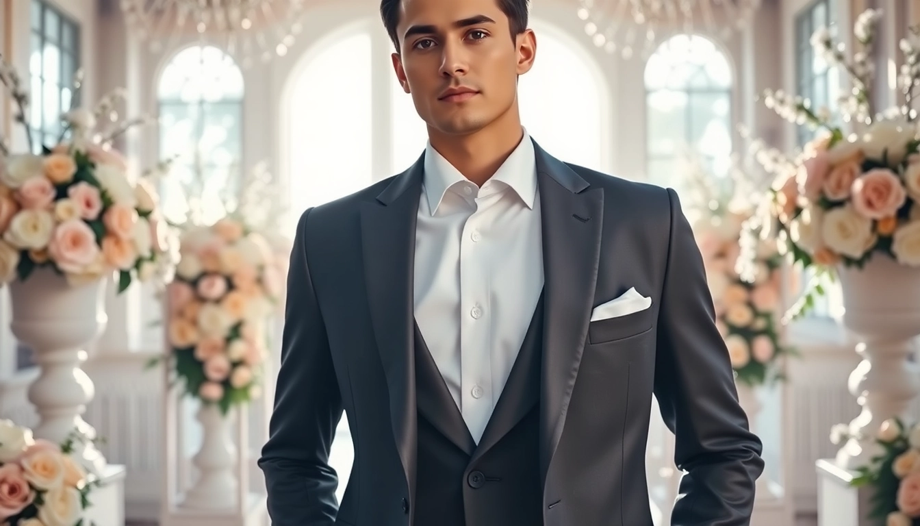 Stylish designer menswear showcased by a model in an elegant wedding setting.