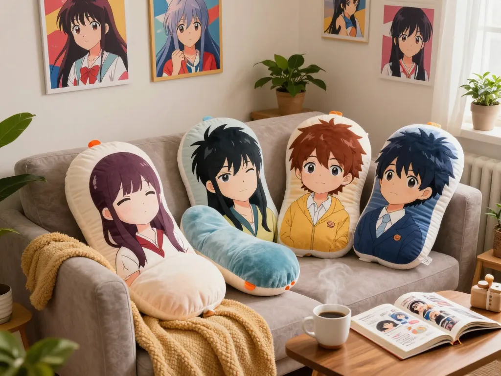 Custom dakimakura body pillows in vibrant bedroom setting with cozy atmosphere.