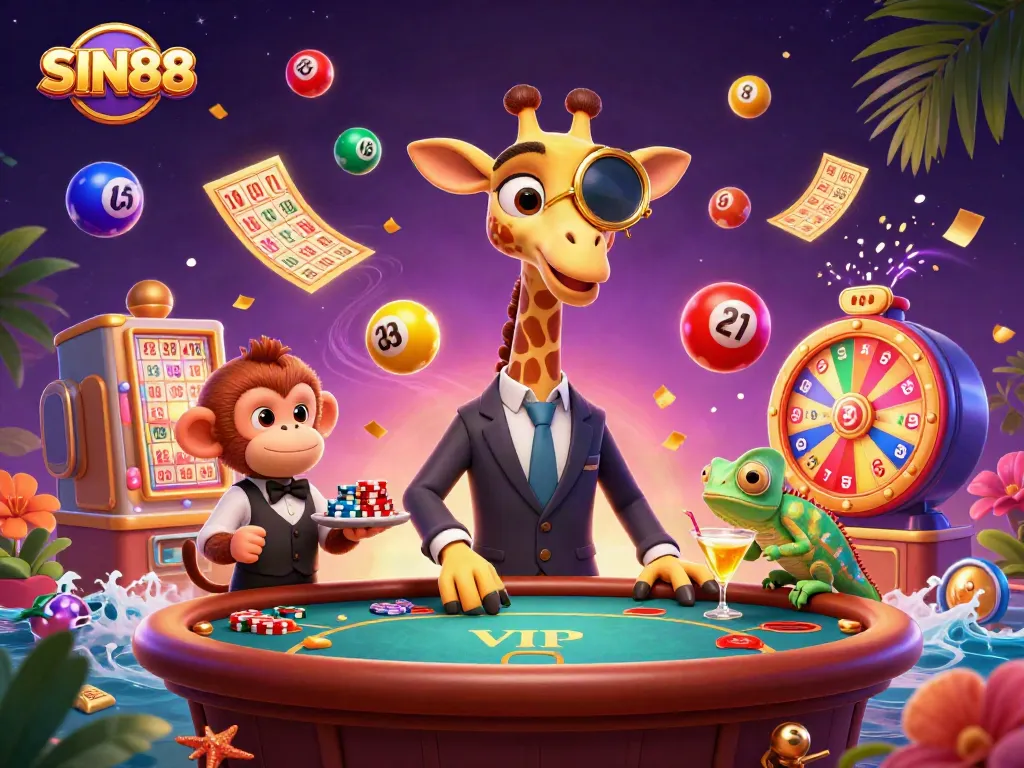 Engage in thrilling gameplay with SIN88 as the high-roller giraffe leads a vibrant casino scene.