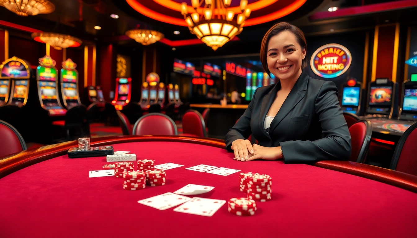 Experience thrilling gameplay at MM88 with a vibrant casino scene showcasing poker tables and slot machines.