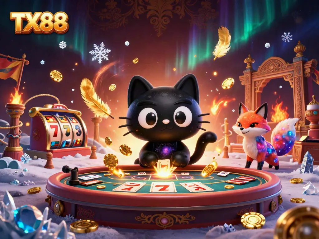 Experience the cosmic charm of TX88 with a black hole cat drawing in golden chips at a vibrant casino table.