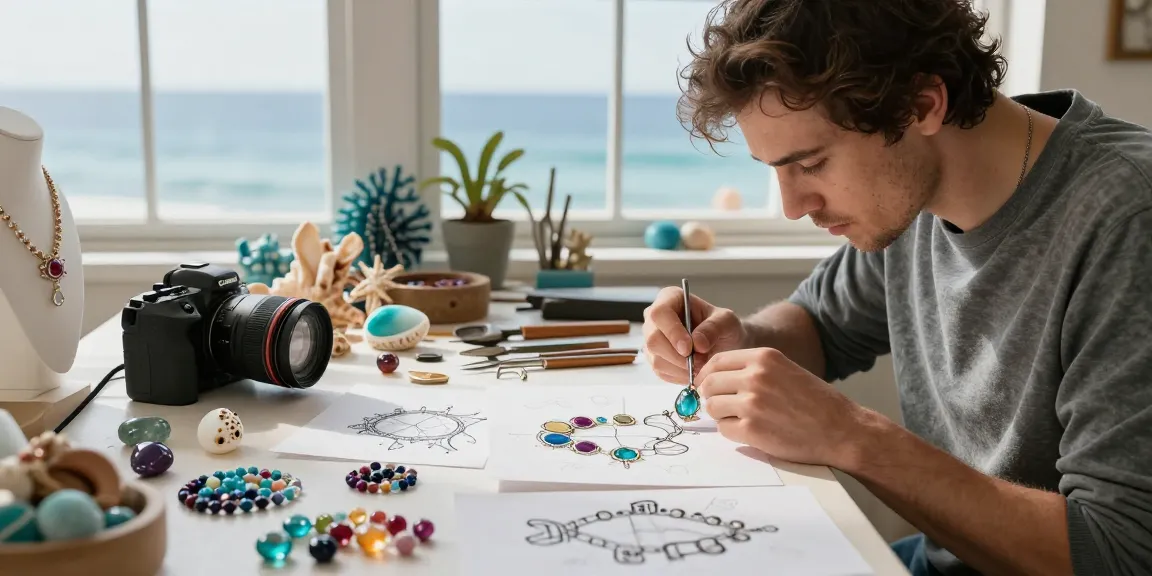 Artisan crafting custom jewellery design uk in a serene studio filled with vibrant gemstones.