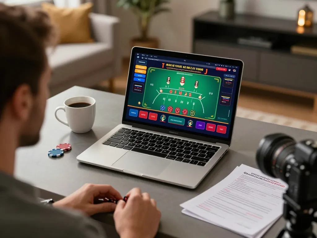 Engaging in strategic gaming with 1gom at a cozy home casino setup, showcasing a live dealer blackjack game