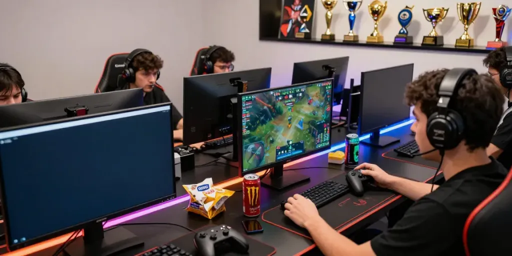 Player immersed in 9bet esports match with gaming setup and vibrant lighting.