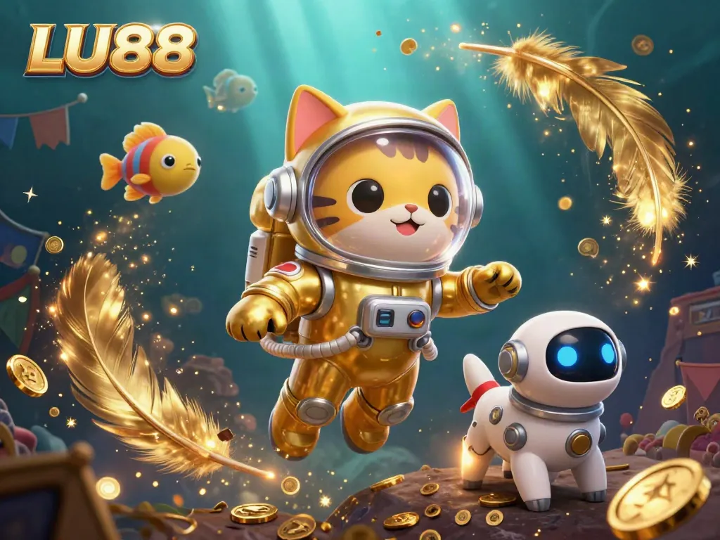Experience LU88 in a vibrant underwater casino scene with cartoon cat and space elements.