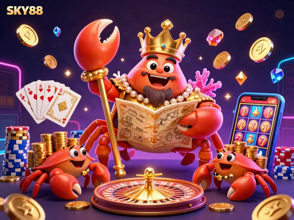 Experience the vibrant atmosphere of SKY88 casino with a golden crab emperor among shimmering treasures.