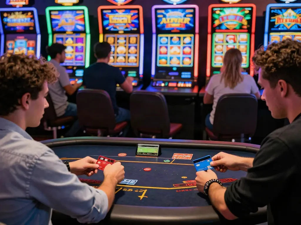 Exciting scene of players using credit card casinos to enjoy online gaming and slot machines