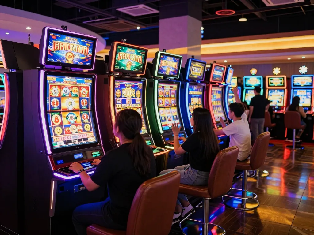 Players celebrating wins at Slot Malaysia machines in a vibrant casino setting