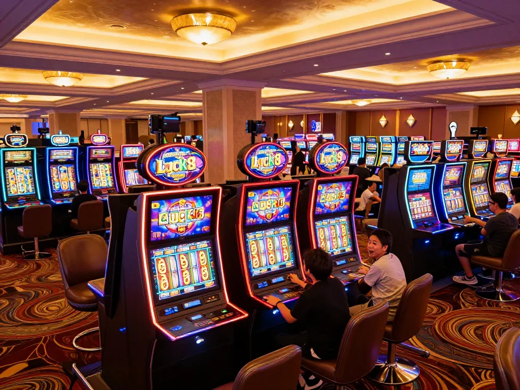 Players engaging with slot machines at luck8 casino, showcasing excitement and wins.